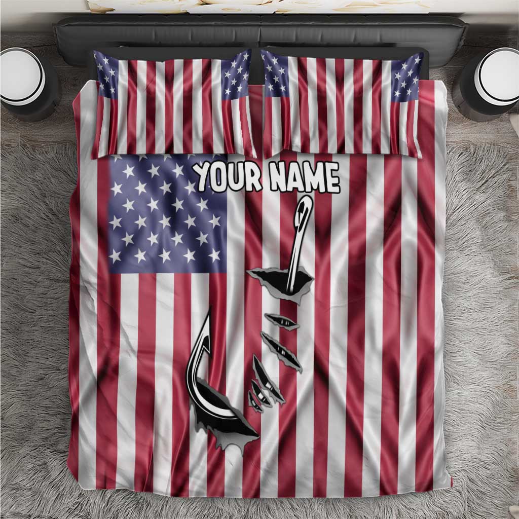 Fishing Fish Hook American Flag Bedding Set Custom Name Graphic in Patriotic Striped Theme - Wonder Print Shop