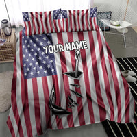 Fishing Fish Hook American Flag Bedding Set Custom Name Graphic in Patriotic Striped Theme - Wonder Print Shop