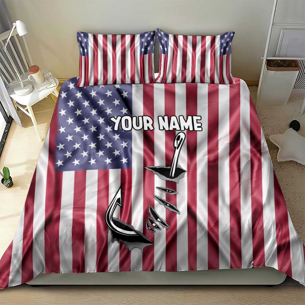 Fishing Fish Hook American Flag Bedding Set Custom Name Graphic in Patriotic Striped Theme - Wonder Print Shop