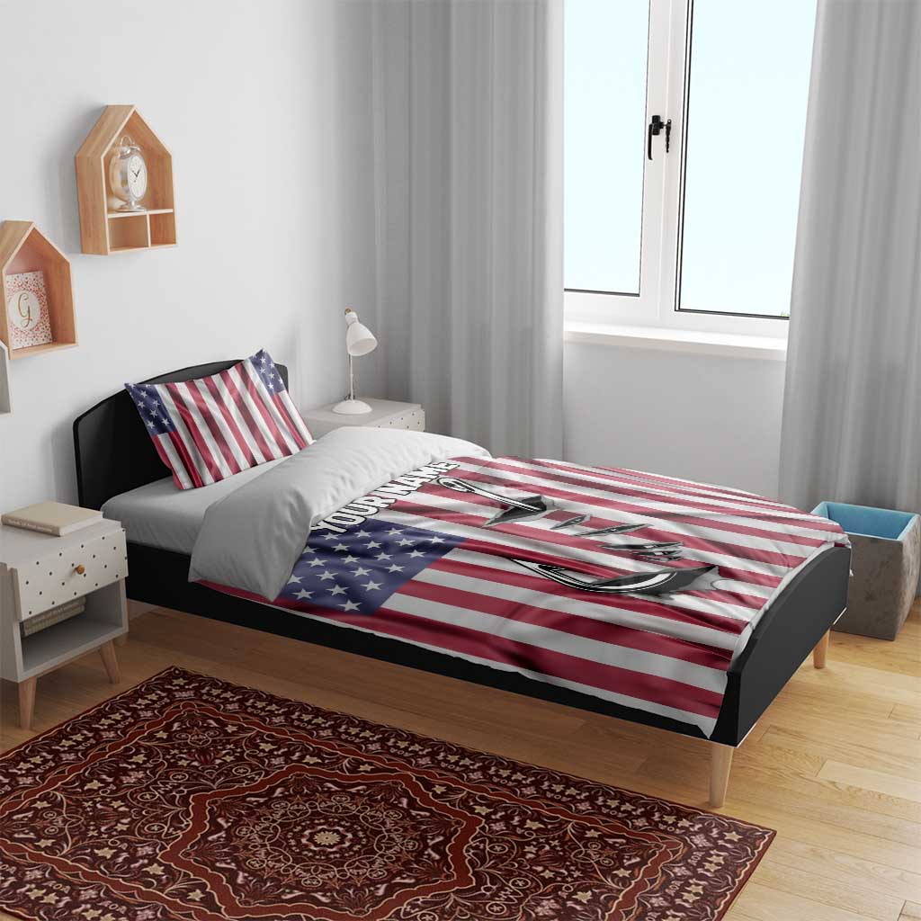 Fishing Fish Hook American Flag Bedding Set Custom Name Graphic in Patriotic Striped Theme - Wonder Print Shop