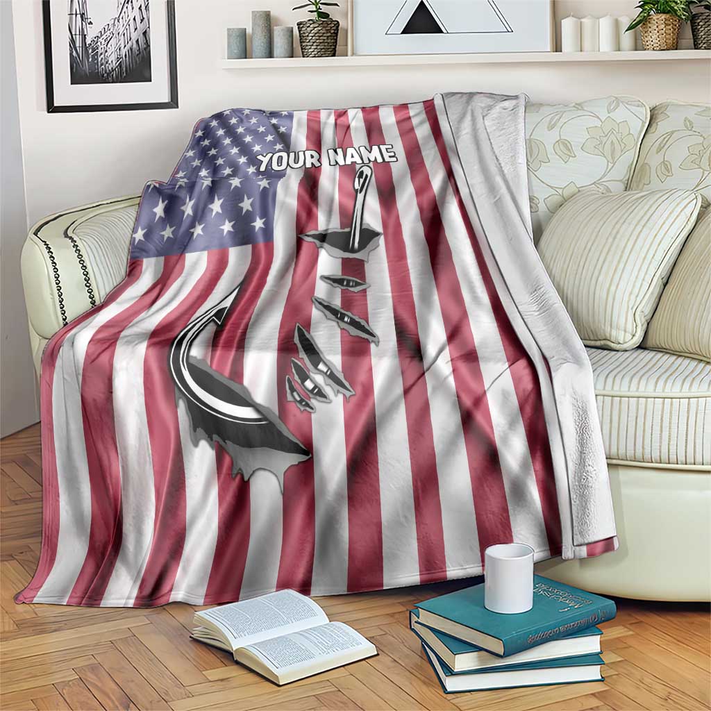 Fishing Fish Hook American Flag Blanket Custom Name Graphic in Patriotic Striped Theme - Wonder Print Shop