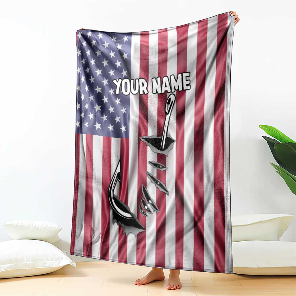 Fishing Fish Hook American Flag Blanket Custom Name Graphic in Patriotic Striped Theme - Wonder Print Shop