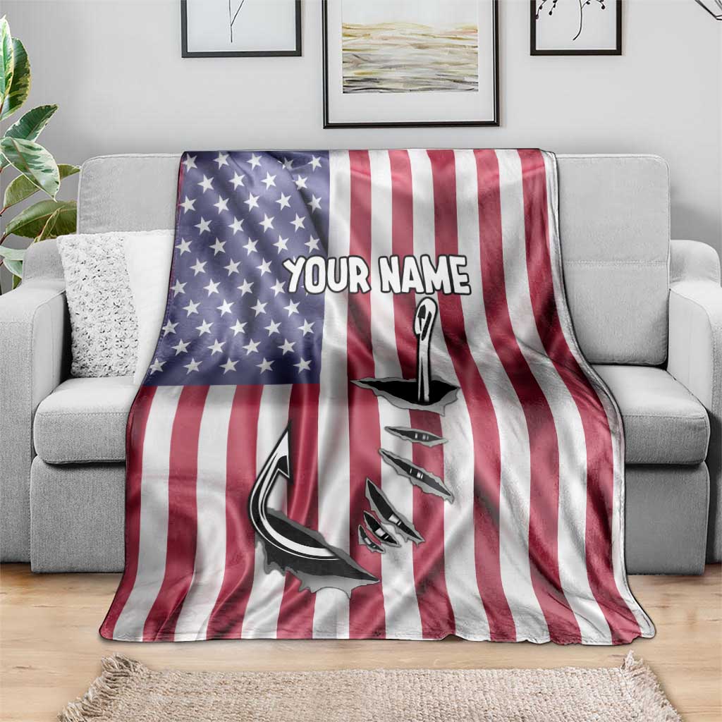 Fishing Fish Hook American Flag Blanket Custom Name Graphic in Patriotic Striped Theme - Wonder Print Shop