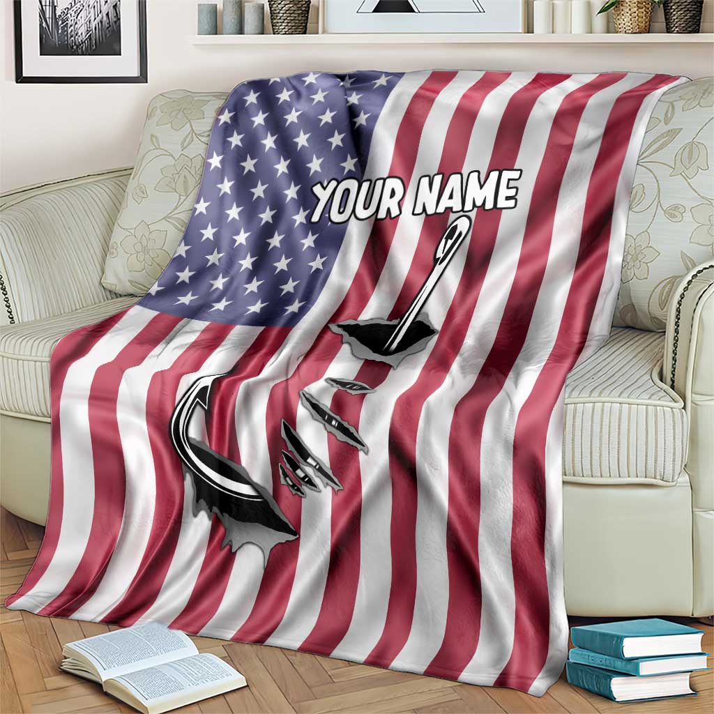 Fishing Fish Hook American Flag Blanket Custom Name Graphic in Patriotic Striped Theme - Wonder Print Shop