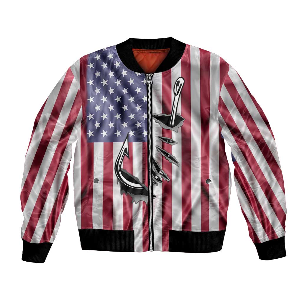 Fishing Fish Hook American Flag Bomber Jacket Custom Name Graphic in Patriotic Striped Theme - Wonder Print Shop