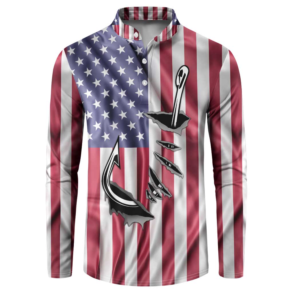 Fishing Fish Hook American Flag Button Sweatshirt Custom Name Graphic in Patriotic Striped Theme - Wonder Print Shop