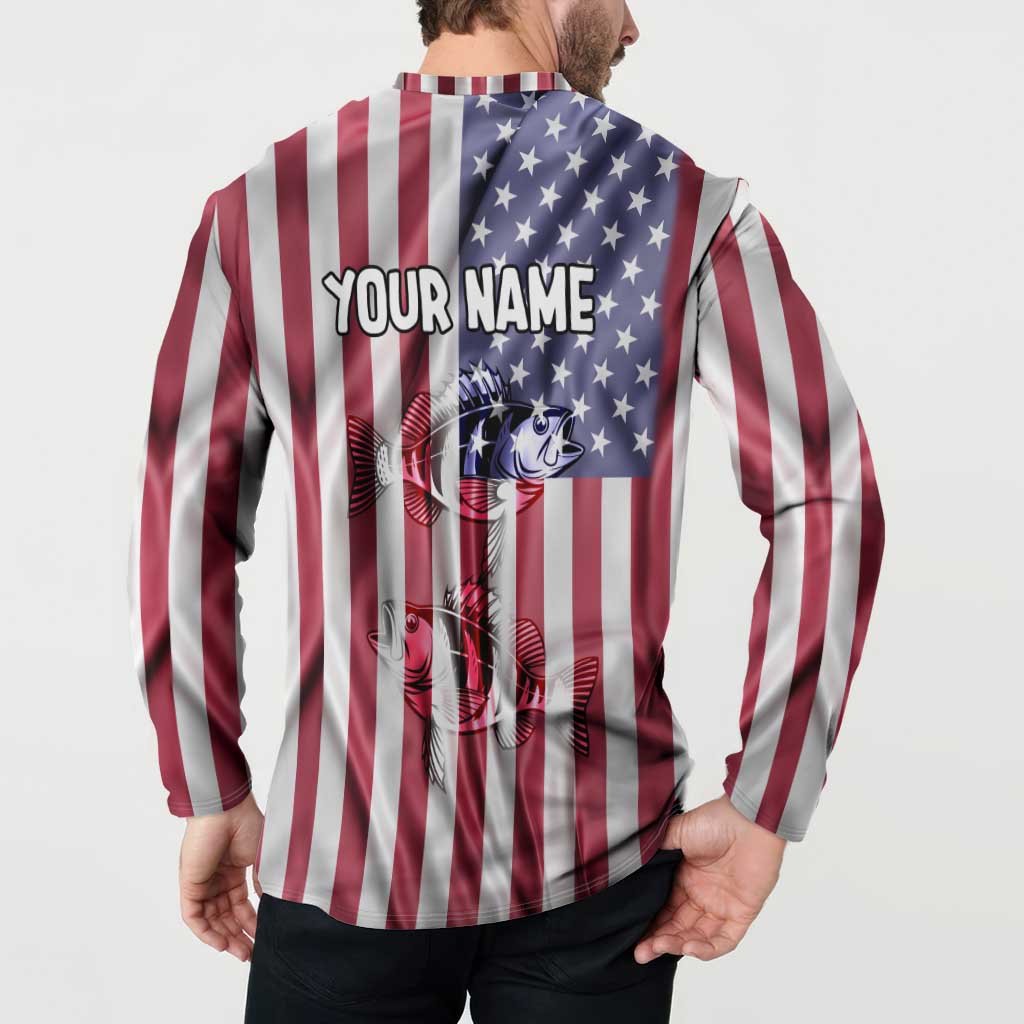 Fishing Fish Hook American Flag Button Sweatshirt Custom Name Graphic in Patriotic Striped Theme - Wonder Print Shop