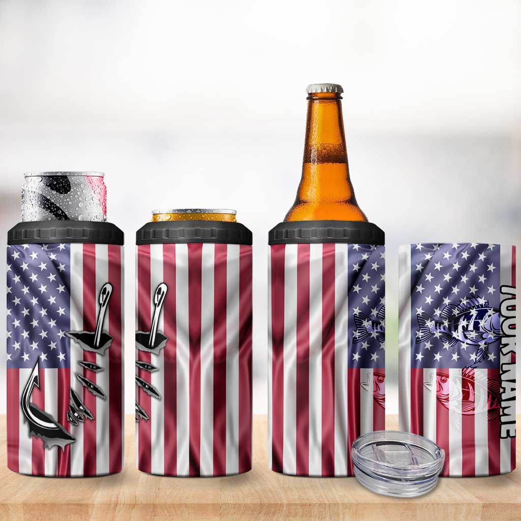 Fishing Fish Hook American Flag 4 in 1 Can Cooler Tumbler Custom Name Graphic in Patriotic Striped Theme - Wonder Print Shop