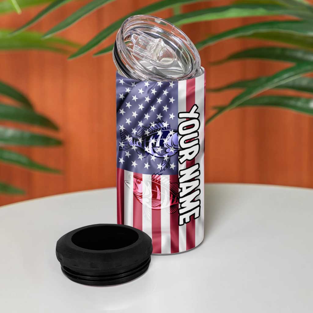 Fishing Fish Hook American Flag 4 in 1 Can Cooler Tumbler Custom Name Graphic in Patriotic Striped Theme - Wonder Print Shop