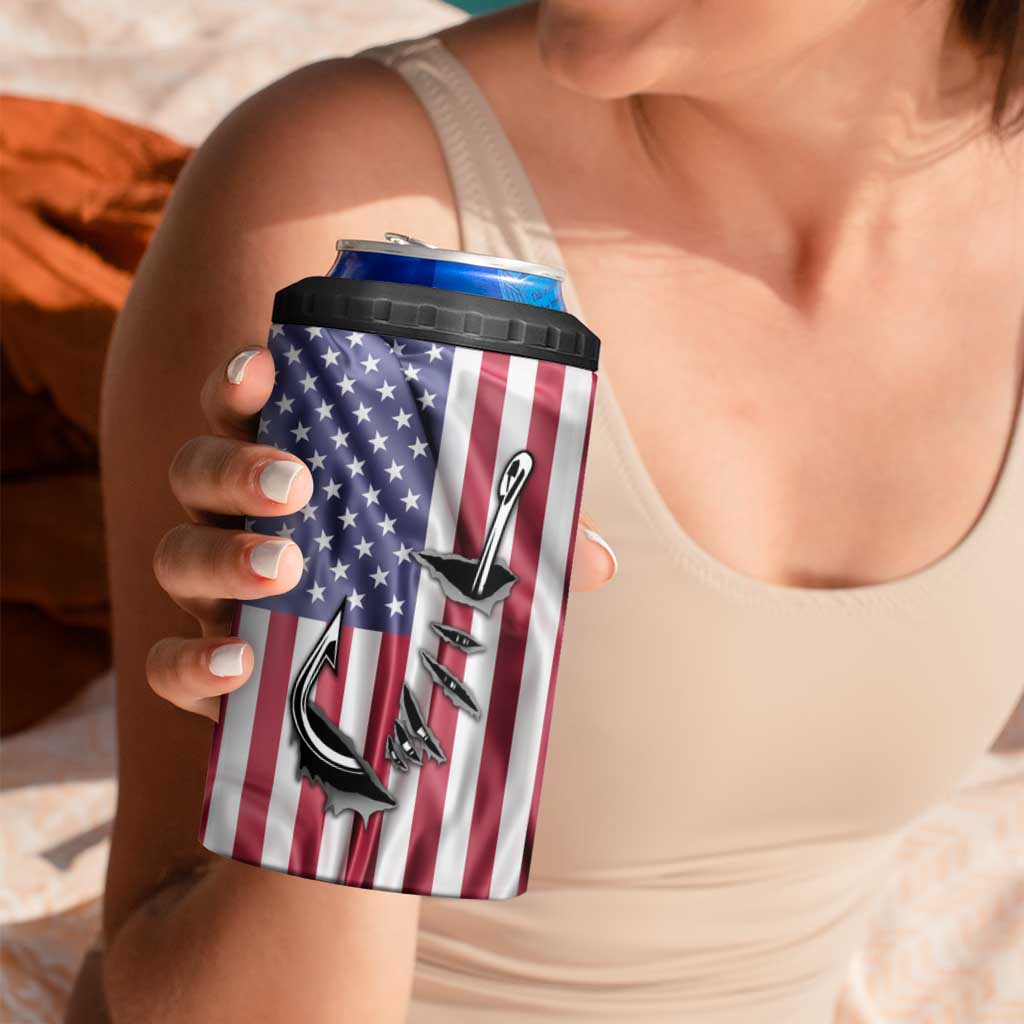 Fishing Fish Hook American Flag 4 in 1 Can Cooler Tumbler Custom Name Graphic in Patriotic Striped Theme - Wonder Print Shop