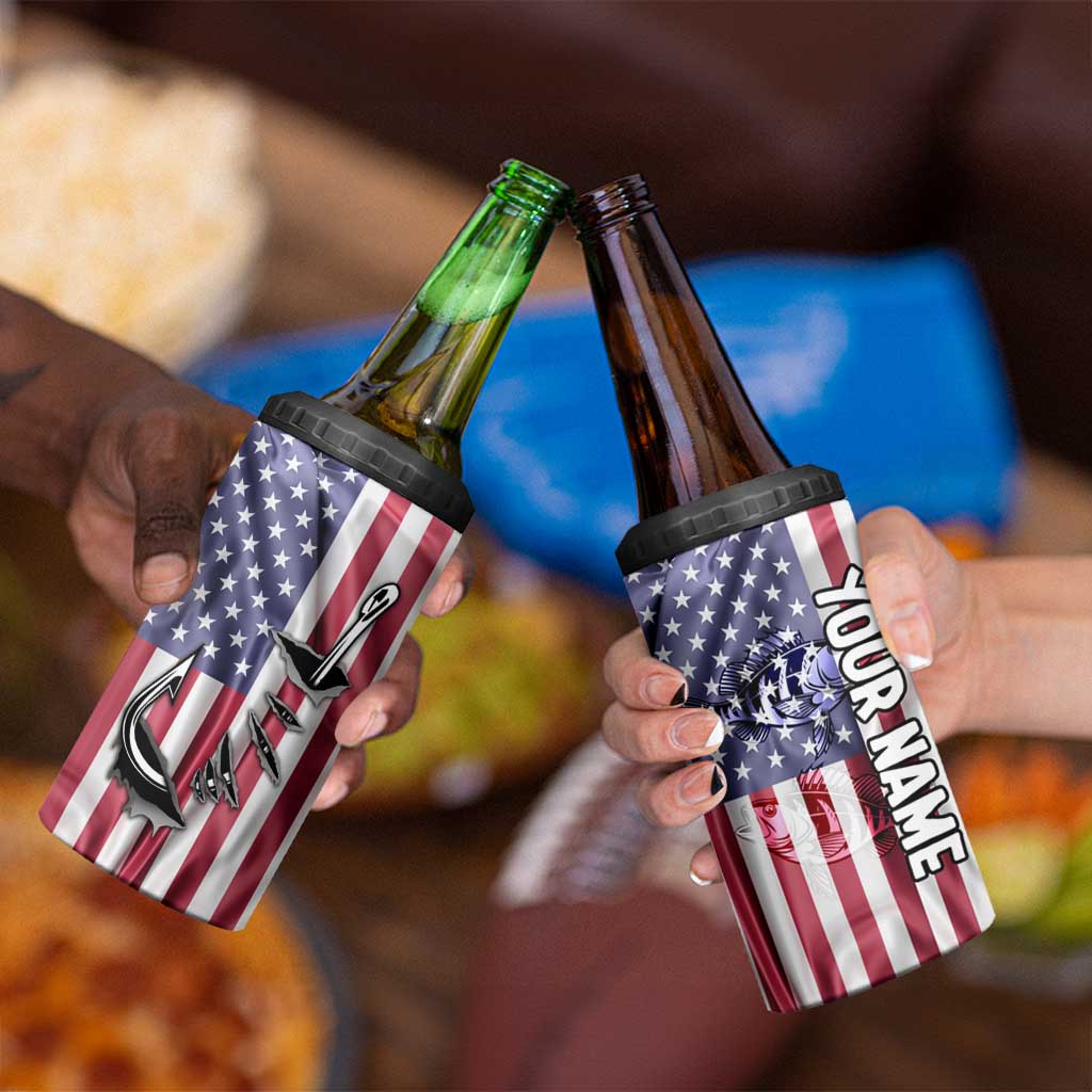 Fishing Fish Hook American Flag 4 in 1 Can Cooler Tumbler Custom Name Graphic in Patriotic Striped Theme - Wonder Print Shop