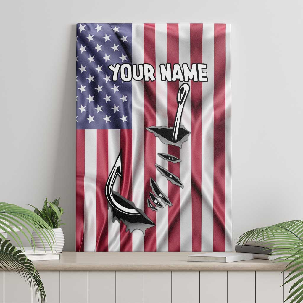 Fishing Fish Hook American Flag Canvas Wall Art Custom Name Graphic in Patriotic Striped Theme - Wonder Print Shop