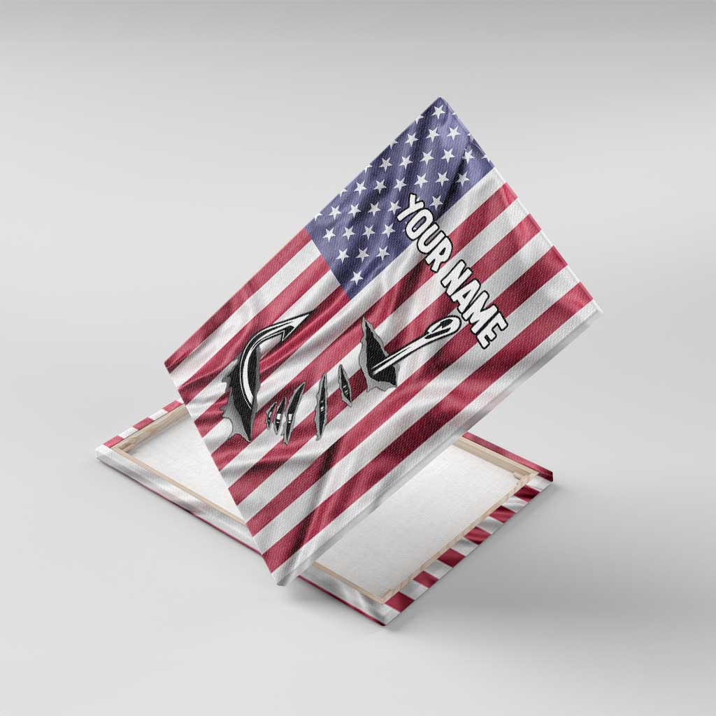 Fishing Fish Hook American Flag Canvas Wall Art Custom Name Graphic in Patriotic Striped Theme - Wonder Print Shop