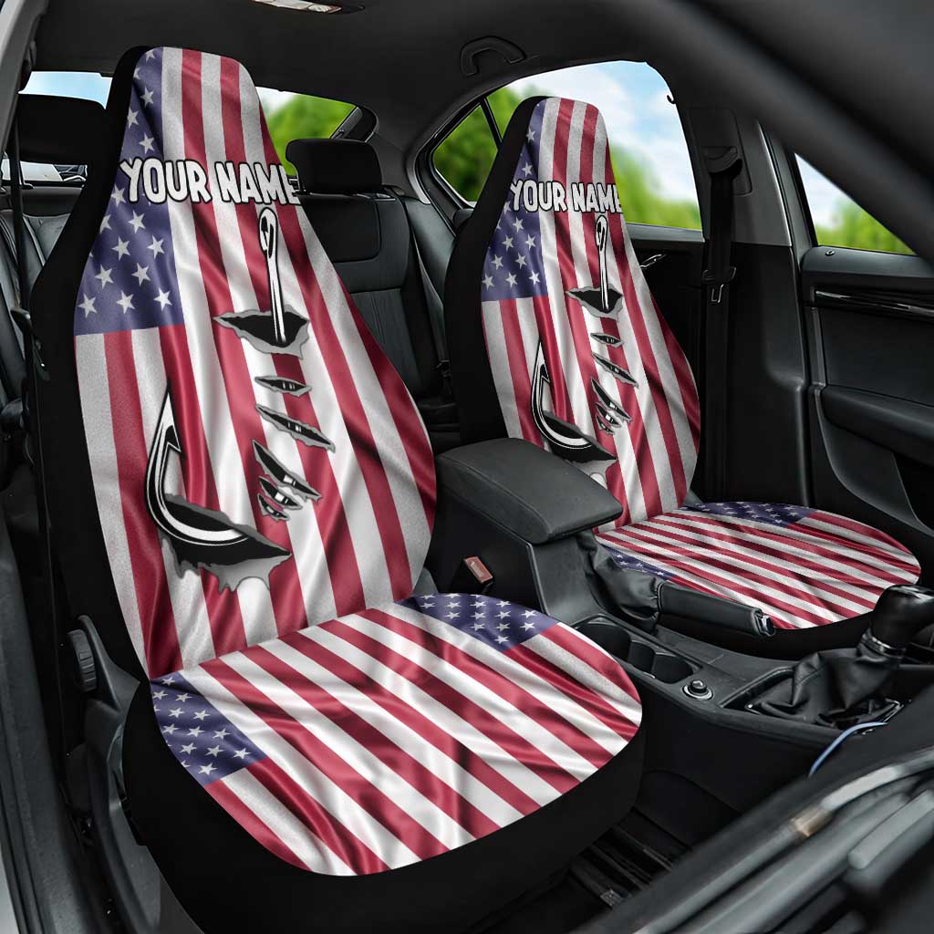 Fishing Fish Hook American Flag Car Seat Cover Custom Name Graphic in Patriotic Striped Theme - Wonder Print Shop