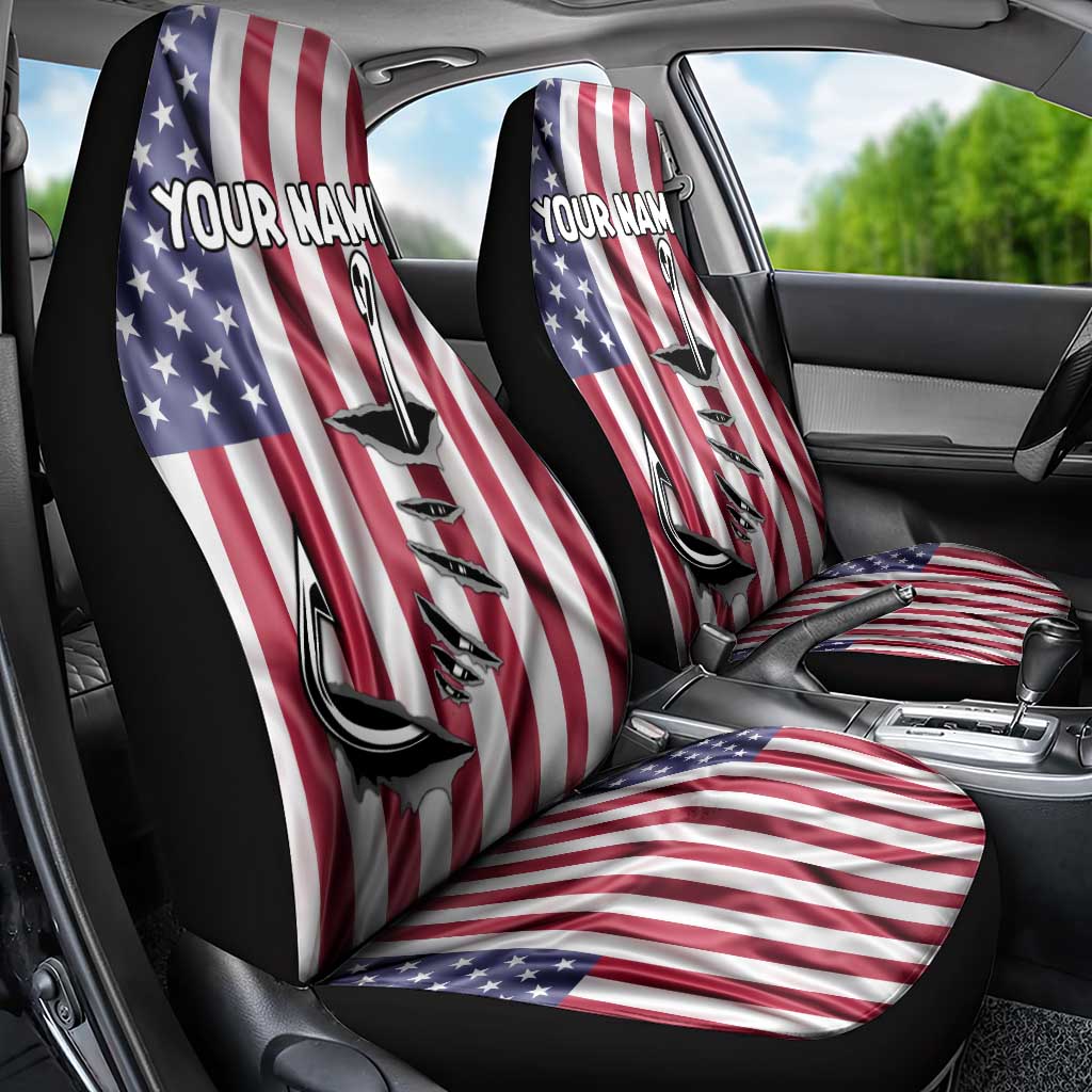 Fishing Fish Hook American Flag Car Seat Cover Custom Name Graphic in Patriotic Striped Theme - Wonder Print Shop