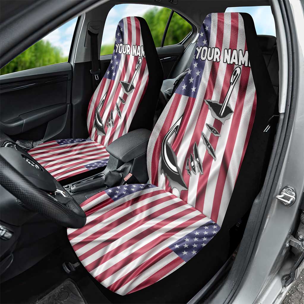 Fishing Fish Hook American Flag Car Seat Cover Custom Name Graphic in Patriotic Striped Theme - Wonder Print Shop
