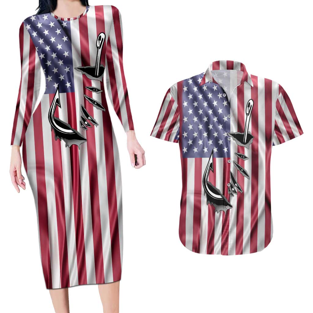 Fishing Fish Hook American Flag Couples Matching Long Sleeve Bodycon Dress and Hawaiian Shirt Custom Name Graphic in Patriotic Striped Theme - Wonder Print Shop