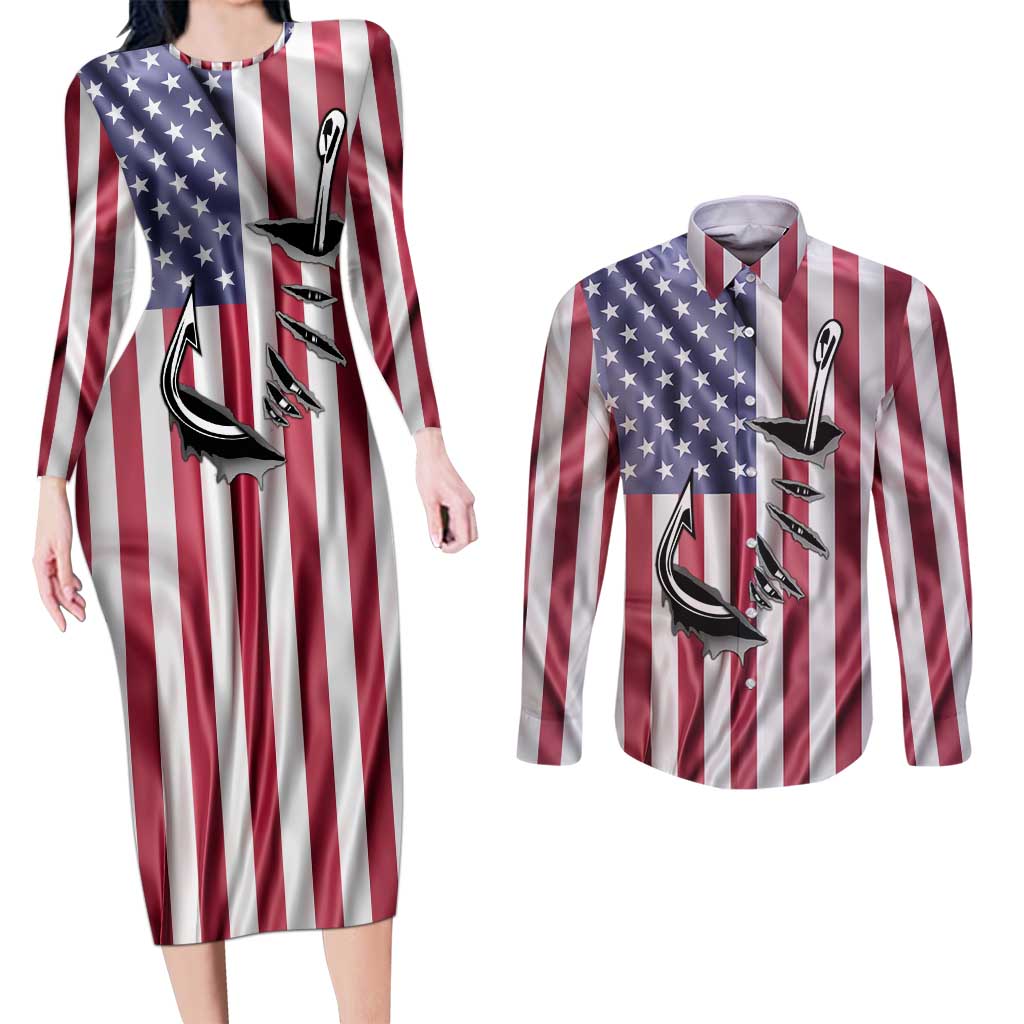 Fishing Fish Hook American Flag Couples Matching Long Sleeve Bodycon Dress and Long Sleeve Button Shirt Custom Name Graphic in Patriotic Striped Theme - Wonder Print Shop