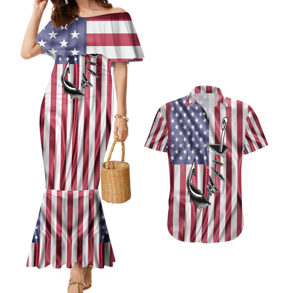 Fishing Fish Hook American Flag Couples Matching Mermaid Dress and Hawaiian Shirt Custom Name Graphic in Patriotic Striped Theme - Wonder Print Shop