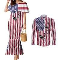 Fishing Fish Hook American Flag Couples Matching Mermaid Dress and Long Sleeve Button Shirt Custom Name Graphic in Patriotic Striped Theme - Wonder Print Shop