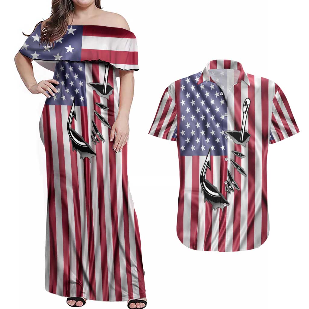 Fishing Fish Hook American Flag Couples Matching Off Shoulder Maxi Dress and Hawaiian Shirt Custom Name Graphic in Patriotic Striped Theme - Wonder Print Shop