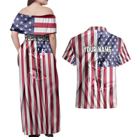 Fishing Fish Hook American Flag Couples Matching Off Shoulder Maxi Dress and Hawaiian Shirt Custom Name Graphic in Patriotic Striped Theme - Wonder Print Shop