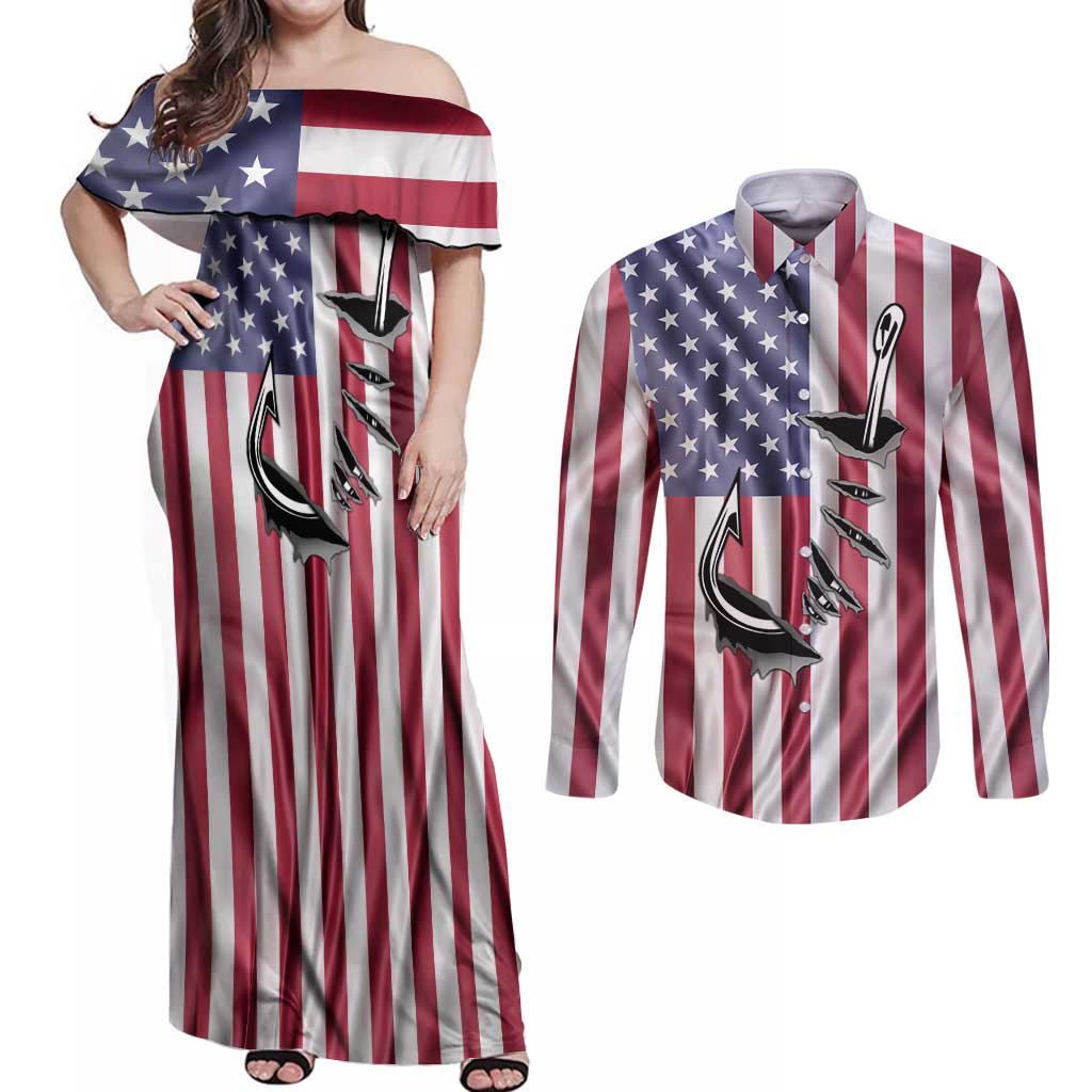 Fishing Fish Hook American Flag Couples Matching Off Shoulder Maxi Dress and Long Sleeve Button Shirt Custom Name Graphic in Patriotic Striped Theme - Wonder Print Shop