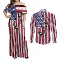 Fishing Fish Hook American Flag Couples Matching Off Shoulder Maxi Dress and Long Sleeve Button Shirt Custom Name Graphic in Patriotic Striped Theme - Wonder Print Shop