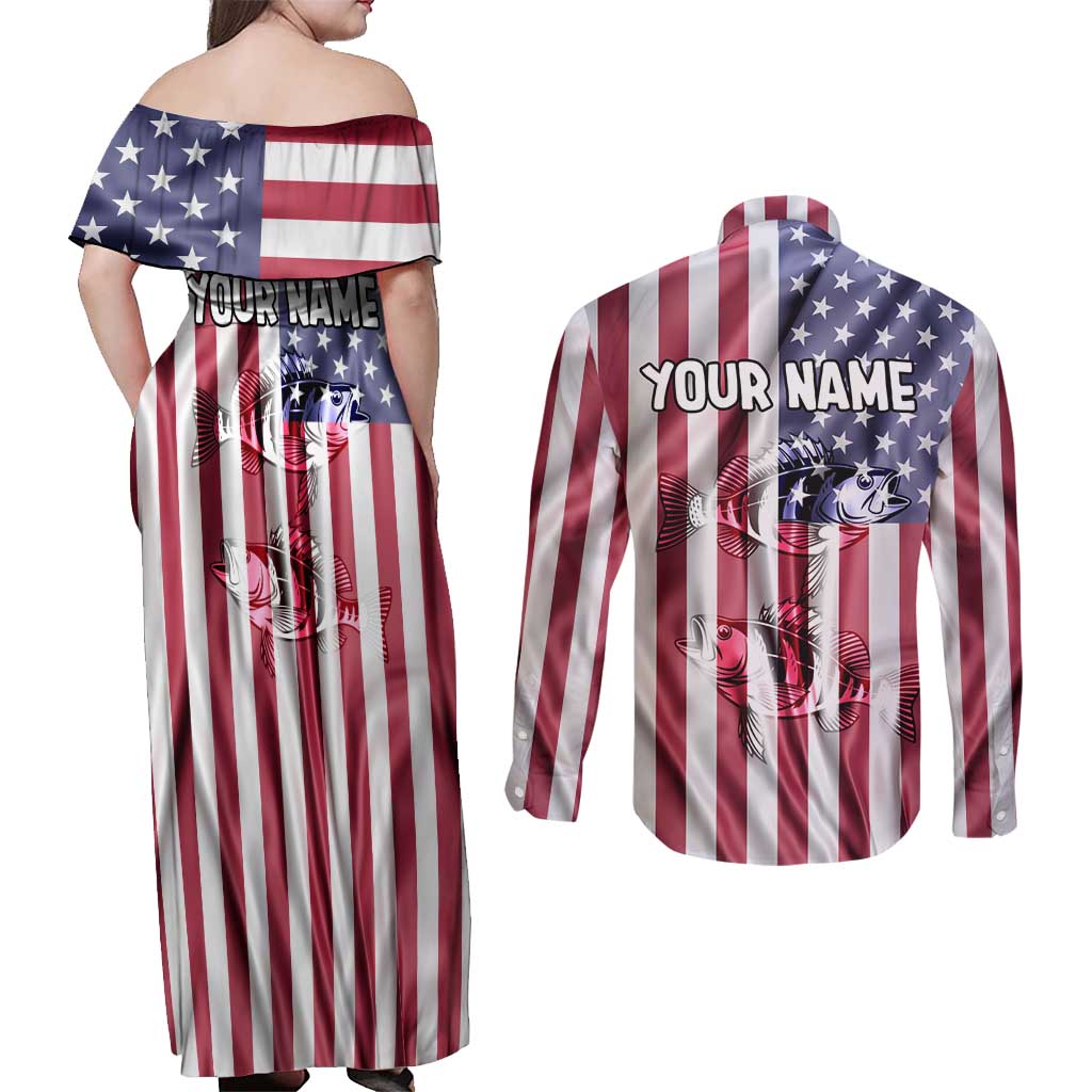 Fishing Fish Hook American Flag Couples Matching Off Shoulder Maxi Dress and Long Sleeve Button Shirt Custom Name Graphic in Patriotic Striped Theme - Wonder Print Shop