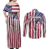 Fishing Fish Hook American Flag Couples Matching Off Shoulder Maxi Dress and Long Sleeve Button Shirt Custom Name Graphic in Patriotic Striped Theme - Wonder Print Shop