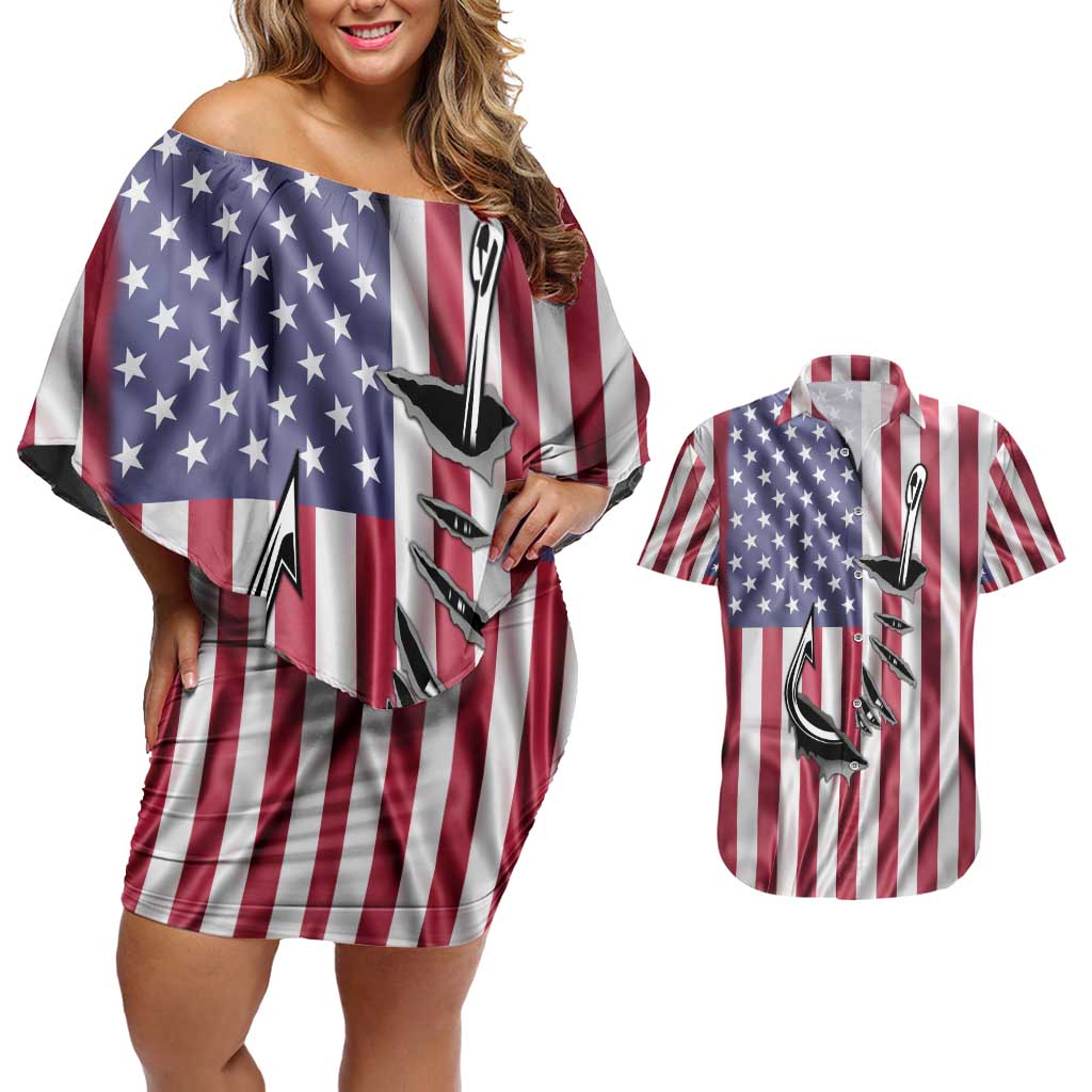 Fishing Fish Hook American Flag Couples Matching Off Shoulder Short Dress and Hawaiian Shirt Custom Name Graphic in Patriotic Striped Theme - Wonder Print Shop