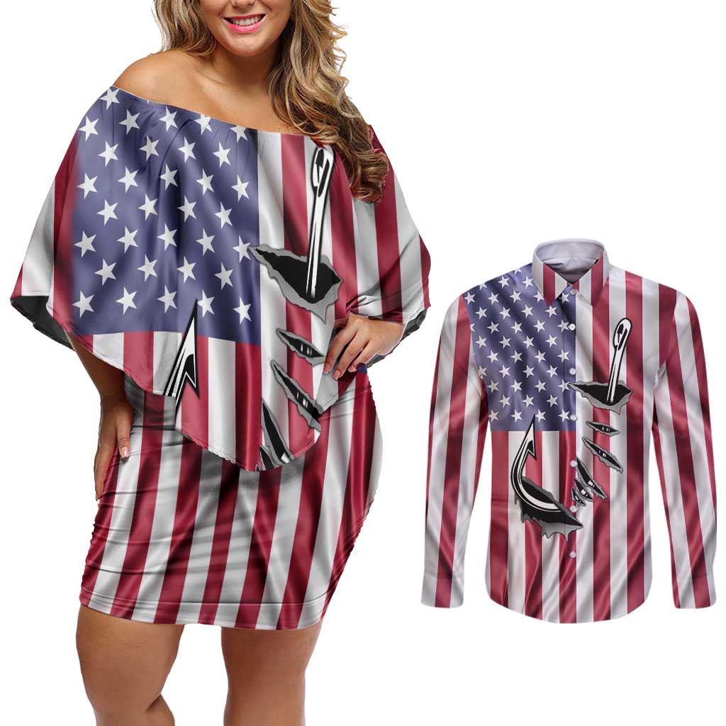 Fishing Fish Hook American Flag Couples Matching Off Shoulder Short Dress and Long Sleeve Button Shirt Custom Name Graphic in Patriotic Striped Theme - Wonder Print Shop