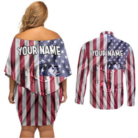 Fishing Fish Hook American Flag Couples Matching Off Shoulder Short Dress and Long Sleeve Button Shirt Custom Name Graphic in Patriotic Striped Theme - Wonder Print Shop