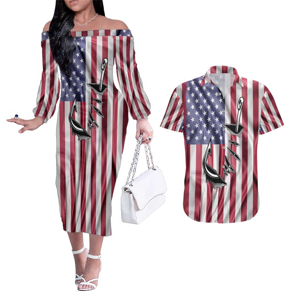 Fishing Fish Hook American Flag Couples Matching Off The Shoulder Long Sleeve Dress and Hawaiian Shirt Custom Name Graphic in Patriotic Striped Theme - Wonder Print Shop