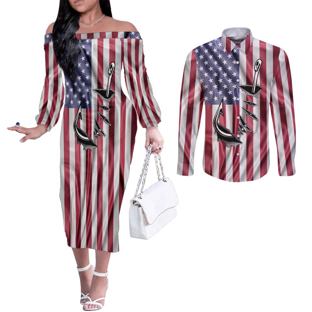 Fishing Fish Hook American Flag Couples Matching Off The Shoulder Long Sleeve Dress and Long Sleeve Button Shirt Custom Name Graphic in Patriotic Striped Theme - Wonder Print Shop