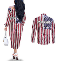 Fishing Fish Hook American Flag Couples Matching Off The Shoulder Long Sleeve Dress and Long Sleeve Button Shirt Custom Name Graphic in Patriotic Striped Theme - Wonder Print Shop