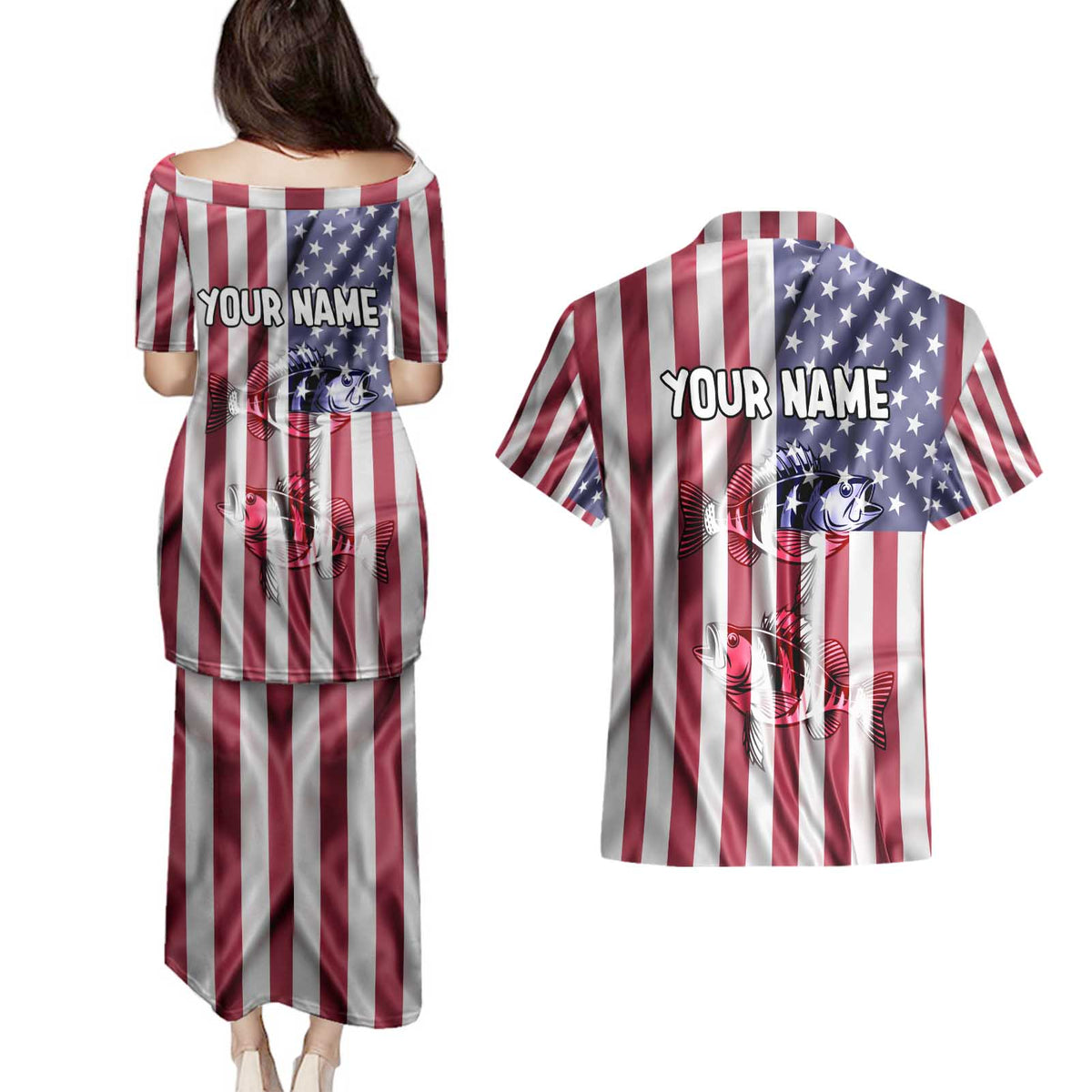 Fishing Fish Hook American Flag Couples Matching Puletasi and Hawaiian Shirt Custom Name Graphic in Patriotic Striped Theme - Wonder Print Shop