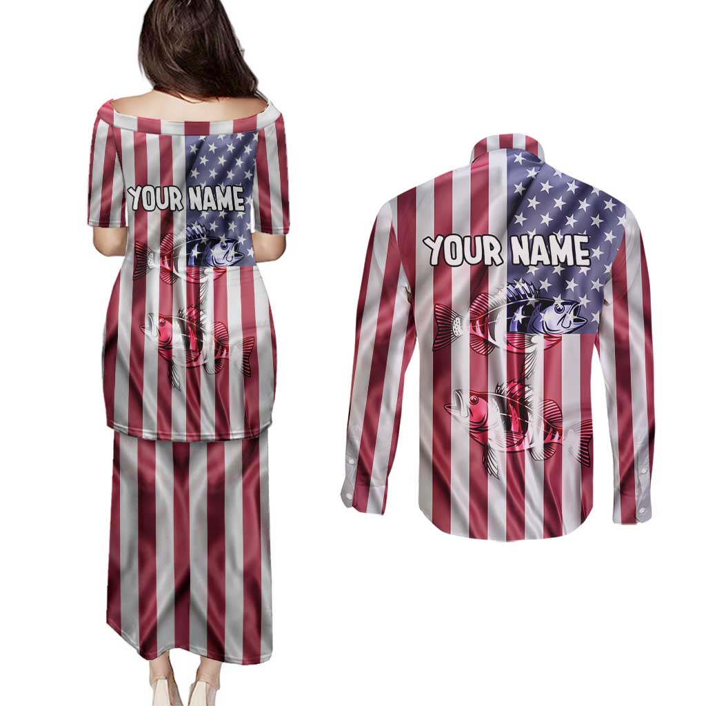 Fishing Fish Hook American Flag Couples Matching Puletasi and Long Sleeve Button Shirt Custom Name Graphic in Patriotic Striped Theme - Wonder Print Shop