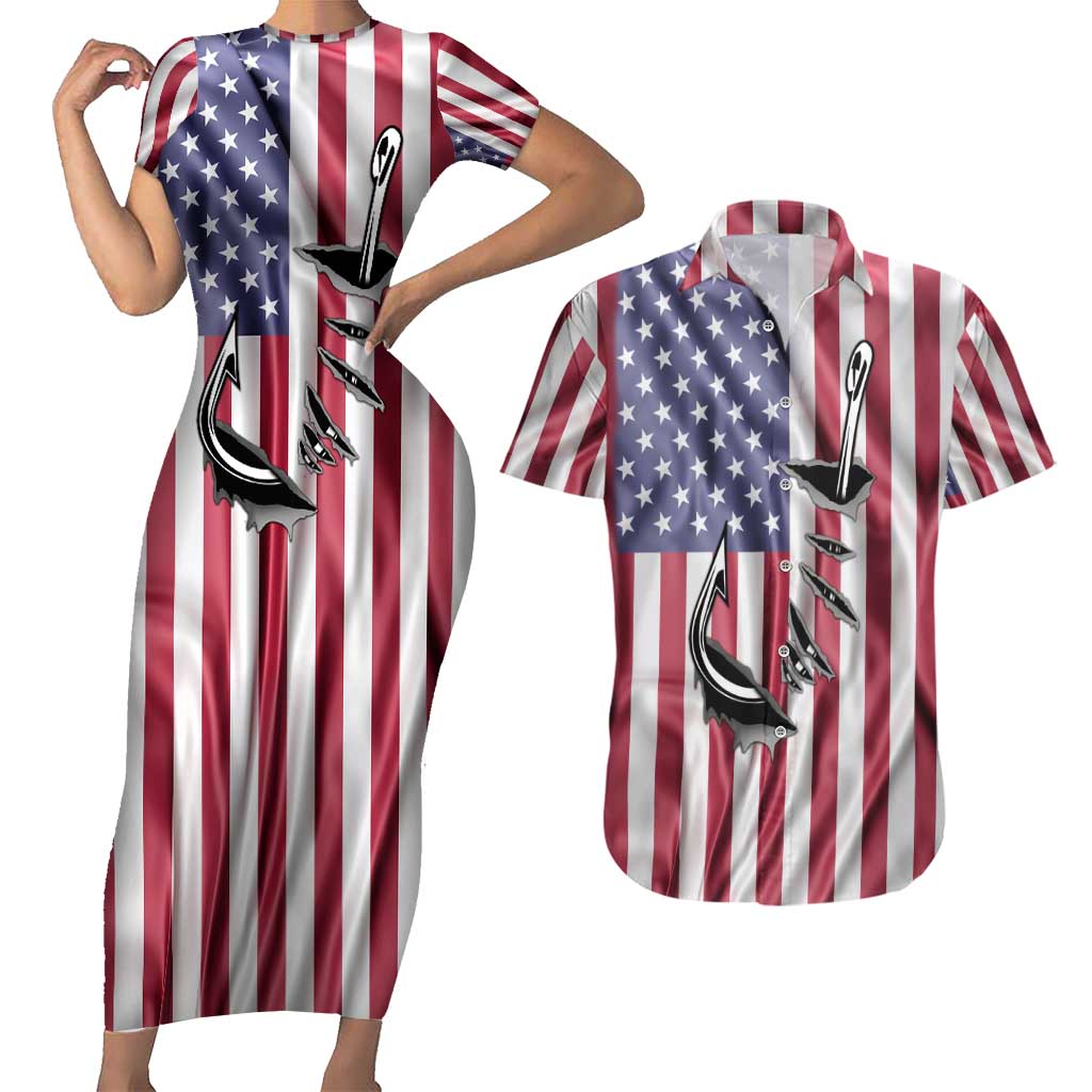 Fishing Fish Hook American Flag Couples Matching Short Sleeve Bodycon Dress and Hawaiian Shirt Custom Name Graphic in Patriotic Striped Theme - Wonder Print Shop