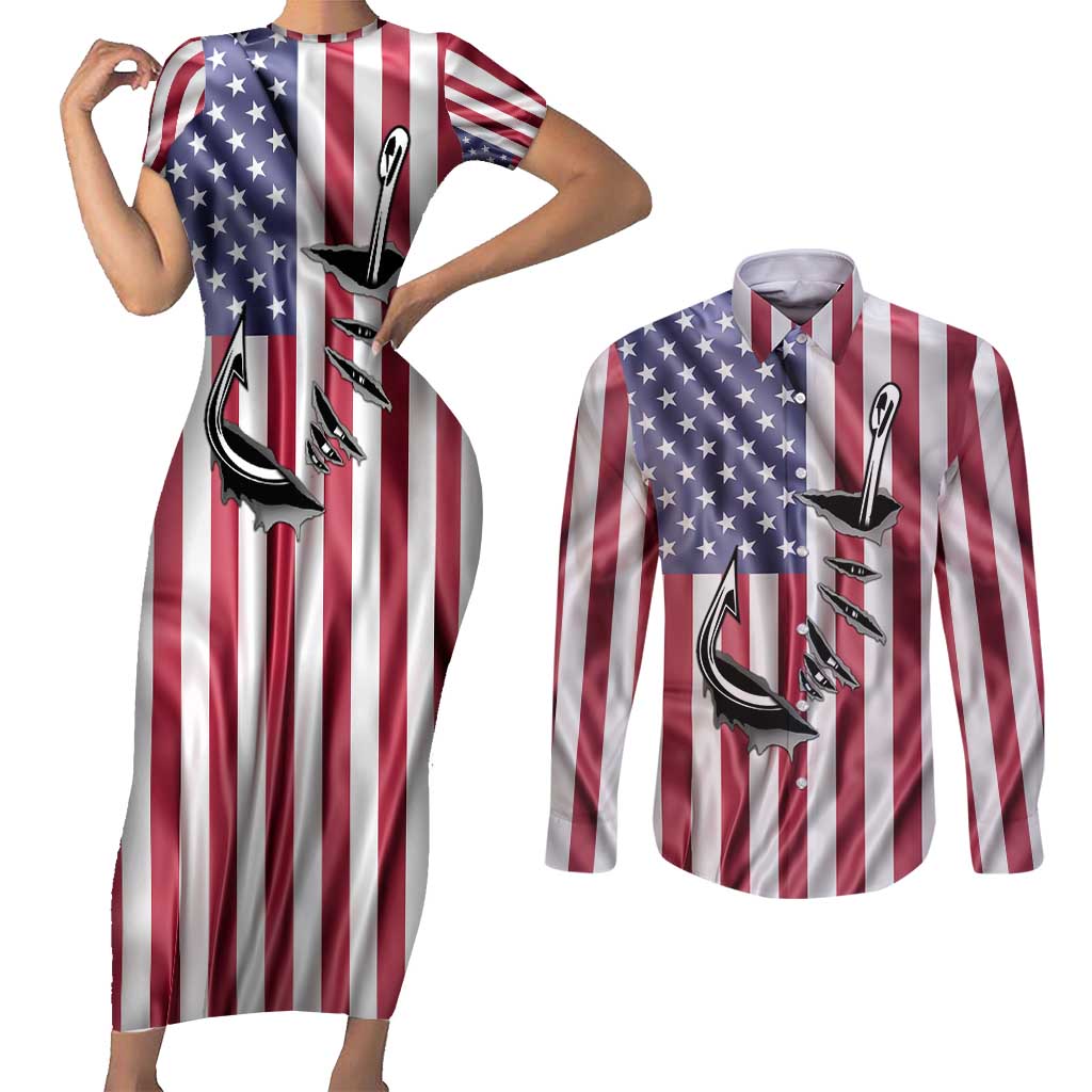 Fishing Fish Hook American Flag Couples Matching Short Sleeve Bodycon Dress and Long Sleeve Button Shirt Custom Name Graphic in Patriotic Striped Theme - Wonder Print Shop