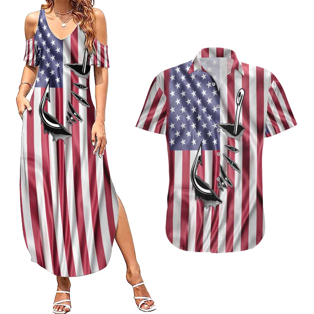 Fishing Fish Hook American Flag Couples Matching Summer Maxi Dress and Hawaiian Shirt Custom Name Graphic in Patriotic Striped Theme - Wonder Print Shop
