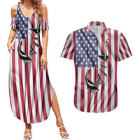 Fishing Fish Hook American Flag Couples Matching Summer Maxi Dress and Hawaiian Shirt Custom Name Graphic in Patriotic Striped Theme - Wonder Print Shop