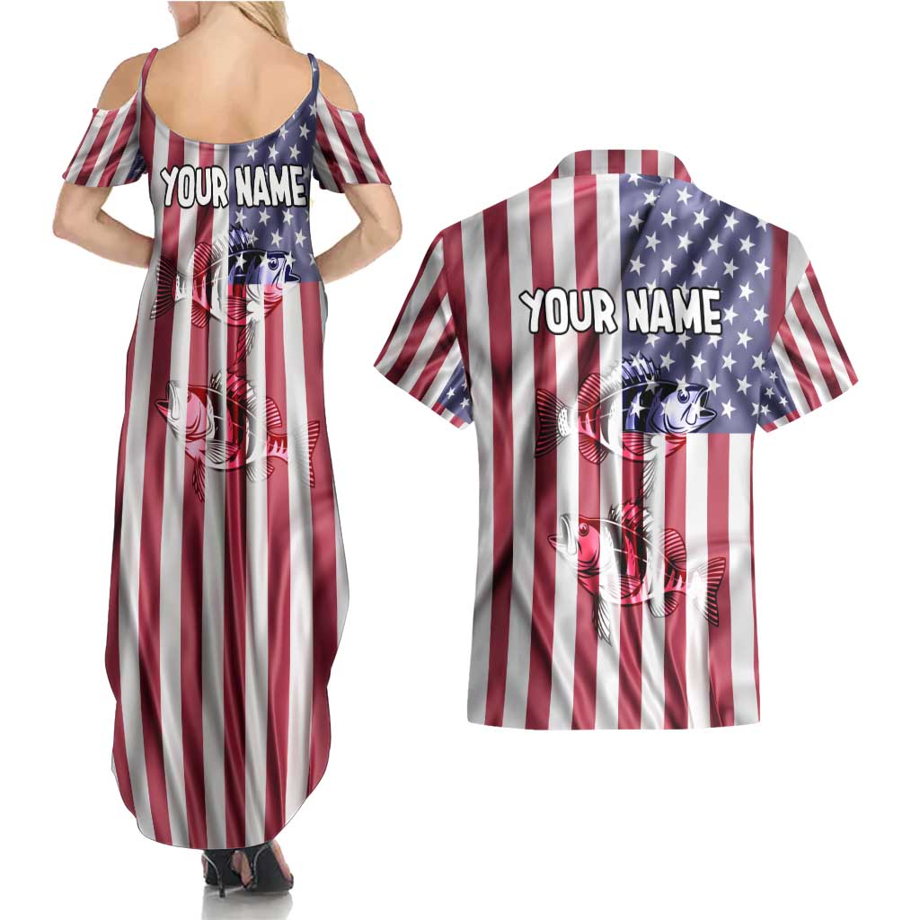 Fishing Fish Hook American Flag Couples Matching Summer Maxi Dress and Hawaiian Shirt Custom Name Graphic in Patriotic Striped Theme - Wonder Print Shop