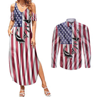Fishing Fish Hook American Flag Couples Matching Summer Maxi Dress and Long Sleeve Button Shirt Custom Name Graphic in Patriotic Striped Theme - Wonder Print Shop