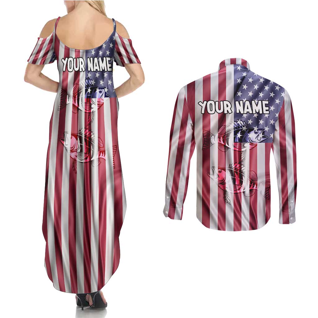 Fishing Fish Hook American Flag Couples Matching Summer Maxi Dress and Long Sleeve Button Shirt Custom Name Graphic in Patriotic Striped Theme - Wonder Print Shop