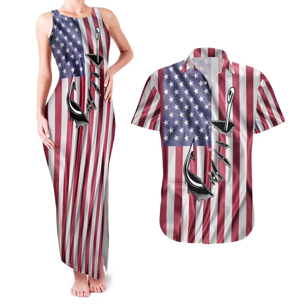 Fishing Fish Hook American Flag Couples Matching Tank Maxi Dress and Hawaiian Shirt Custom Name Graphic in Patriotic Striped Theme - Wonder Print Shop