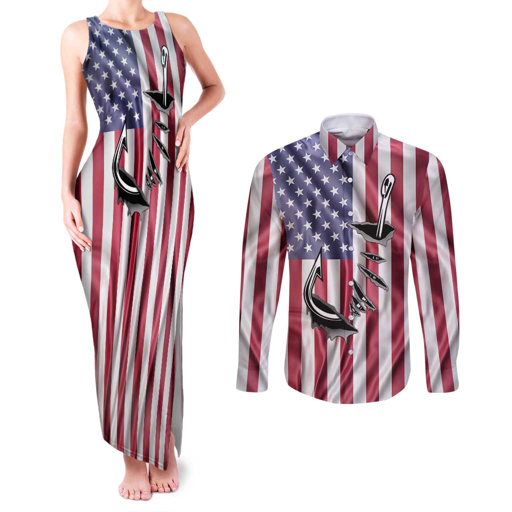 Fishing Fish Hook American Flag Couples Matching Tank Maxi Dress and Long Sleeve Button Shirt Custom Name Graphic in Patriotic Striped Theme - Wonder Print Shop