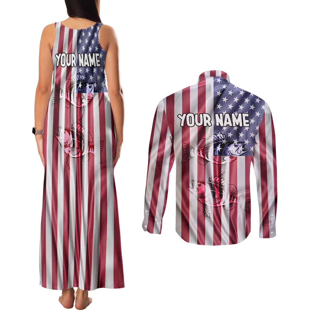 Fishing Fish Hook American Flag Couples Matching Tank Maxi Dress and Long Sleeve Button Shirt Custom Name Graphic in Patriotic Striped Theme - Wonder Print Shop