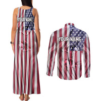 Fishing Fish Hook American Flag Couples Matching Tank Maxi Dress and Long Sleeve Button Shirt Custom Name Graphic in Patriotic Striped Theme - Wonder Print Shop