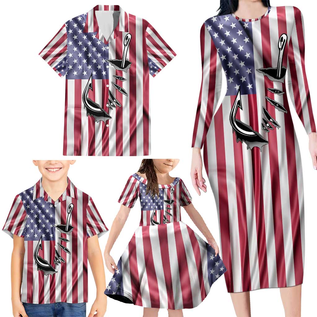 Fishing Fish Hook American Flag Family Matching Long Sleeve Bodycon Dress and Hawaiian Shirt Custom Name Graphic in Patriotic Striped Theme - Wonder Print Shop